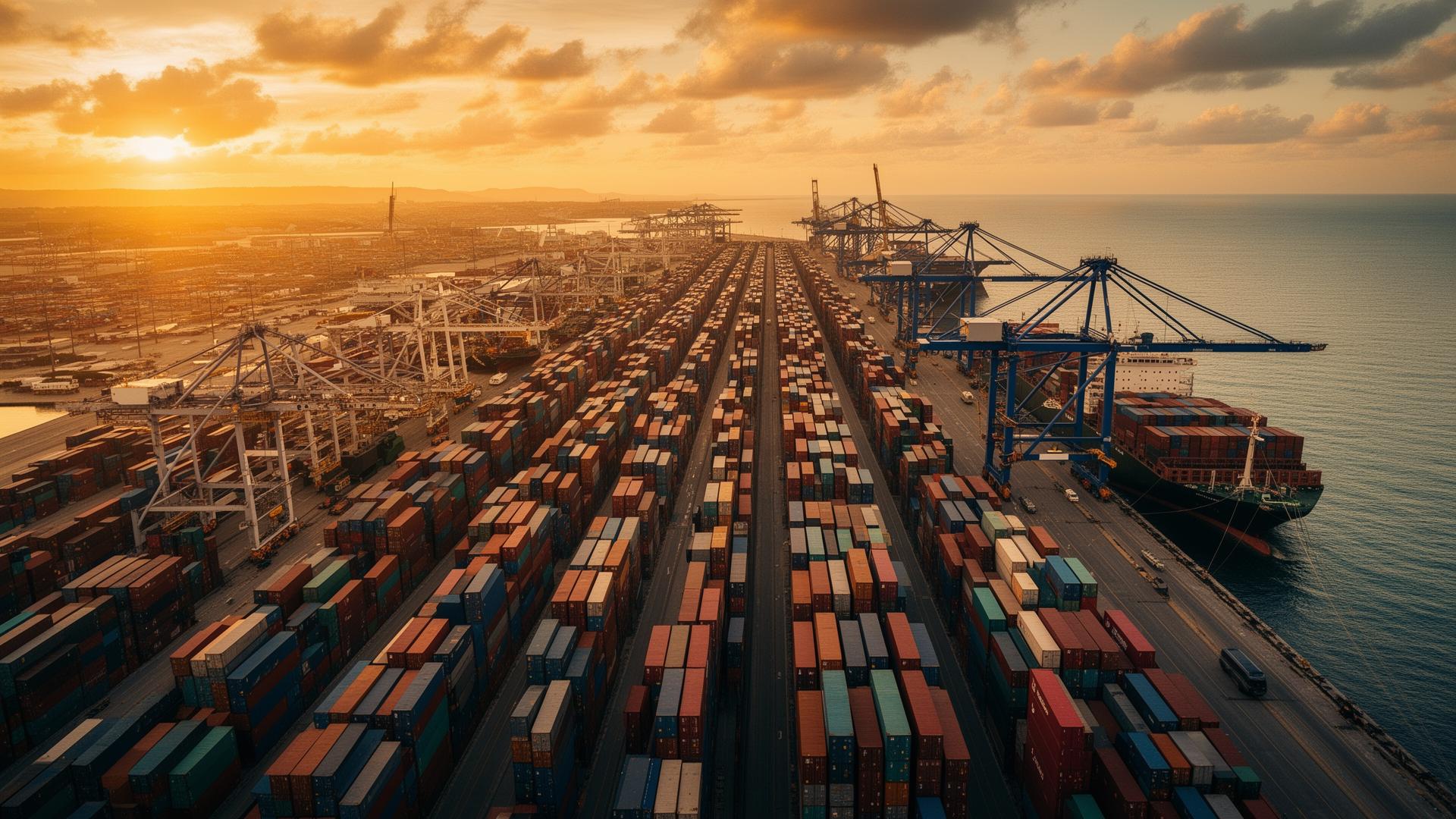 Global shipping port at sunset